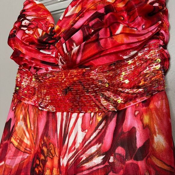 Deb's Y2K Strapless Sequin Coral Colorful Pleated Formal Prom Maxi Gown - Picture 2 of 13